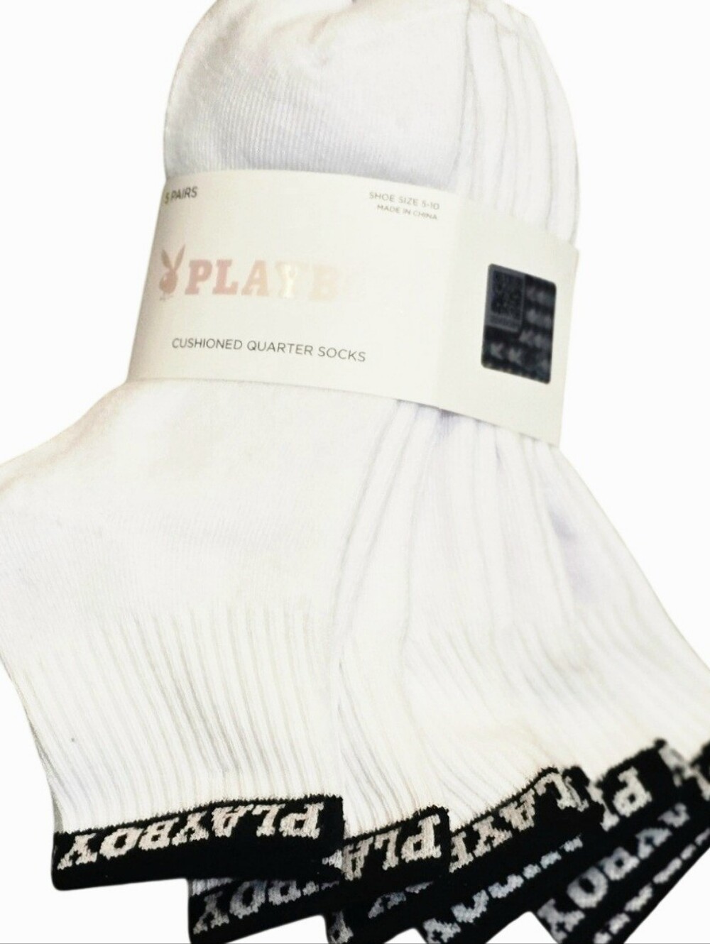 Playboy 5-PK Logo Band Quarter Socks- White